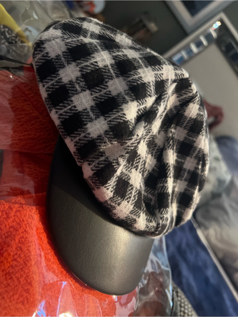 Black & White Gingham Newsboy Cap with Black Brim - Picture 3 of 4